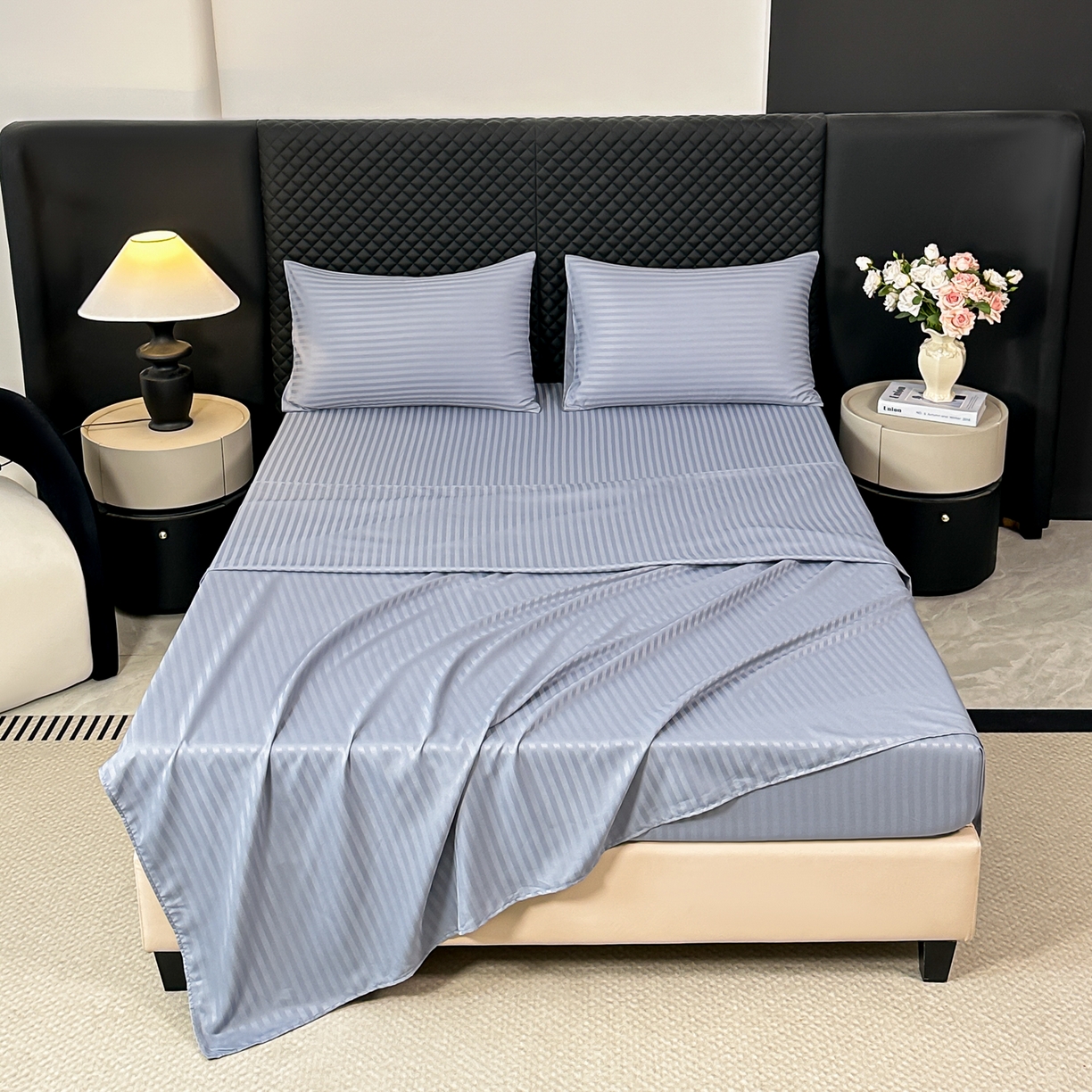 91家纺网 家纺一手货源 找家纺 安力森/诚臻酒店用品 2025新款酒店布草床单高支高密缎条款床笠三件套月子中心养老院机构专用床品 灰蓝色