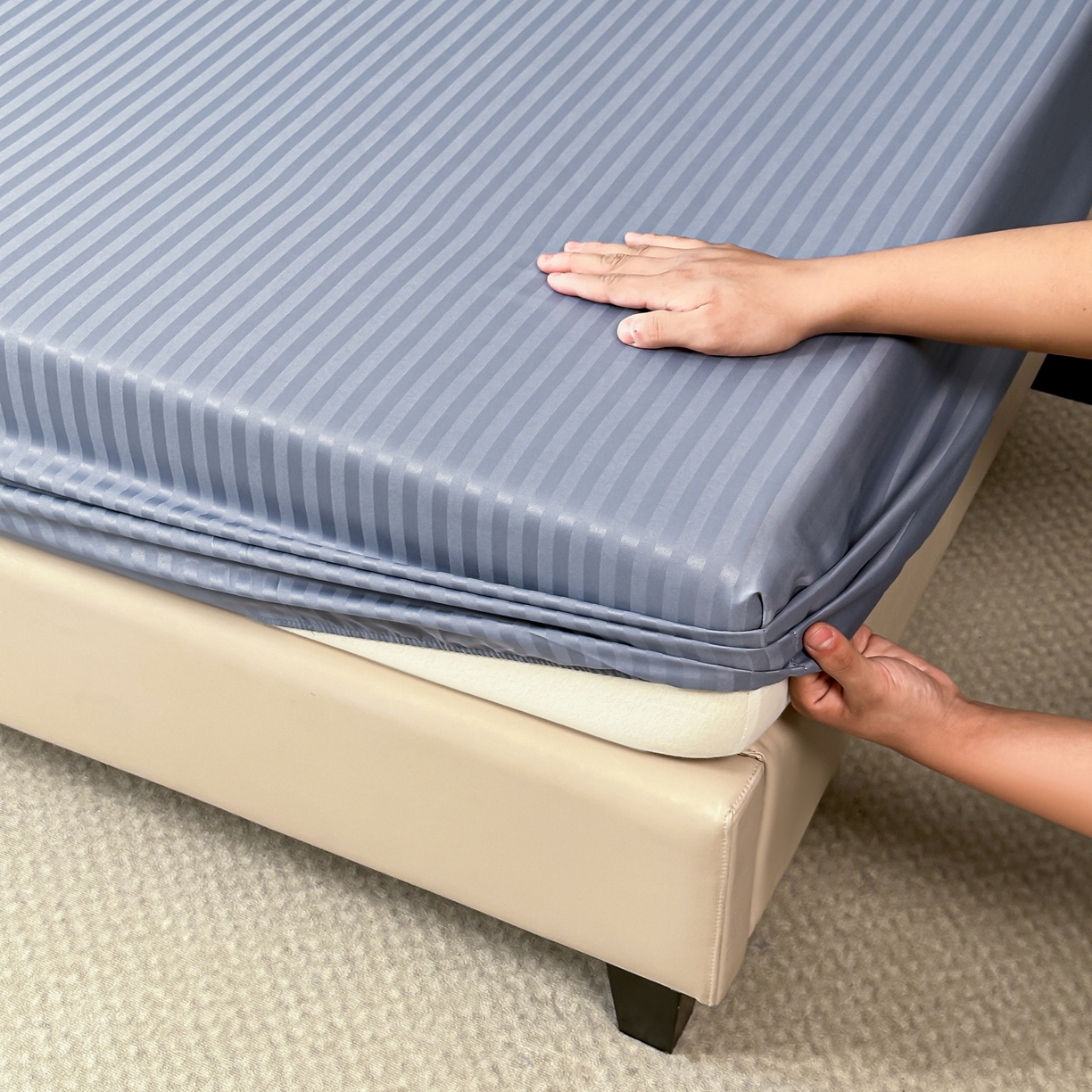 91家纺网 家纺一手货源 找家纺 安力森/诚臻酒店用品 2025新款酒店布草床单高支高密缎条款床笠三件套月子中心养老院机构专用床品 灰蓝色