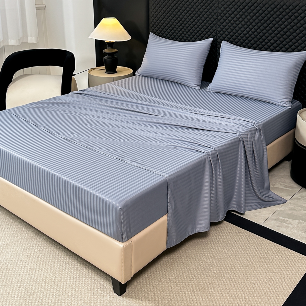 91家纺网 家纺一手货源 找家纺 安力森/诚臻酒店用品 2025新款酒店布草床单高支高密缎条款床笠三件套月子中心养老院机构专用床品 灰蓝色