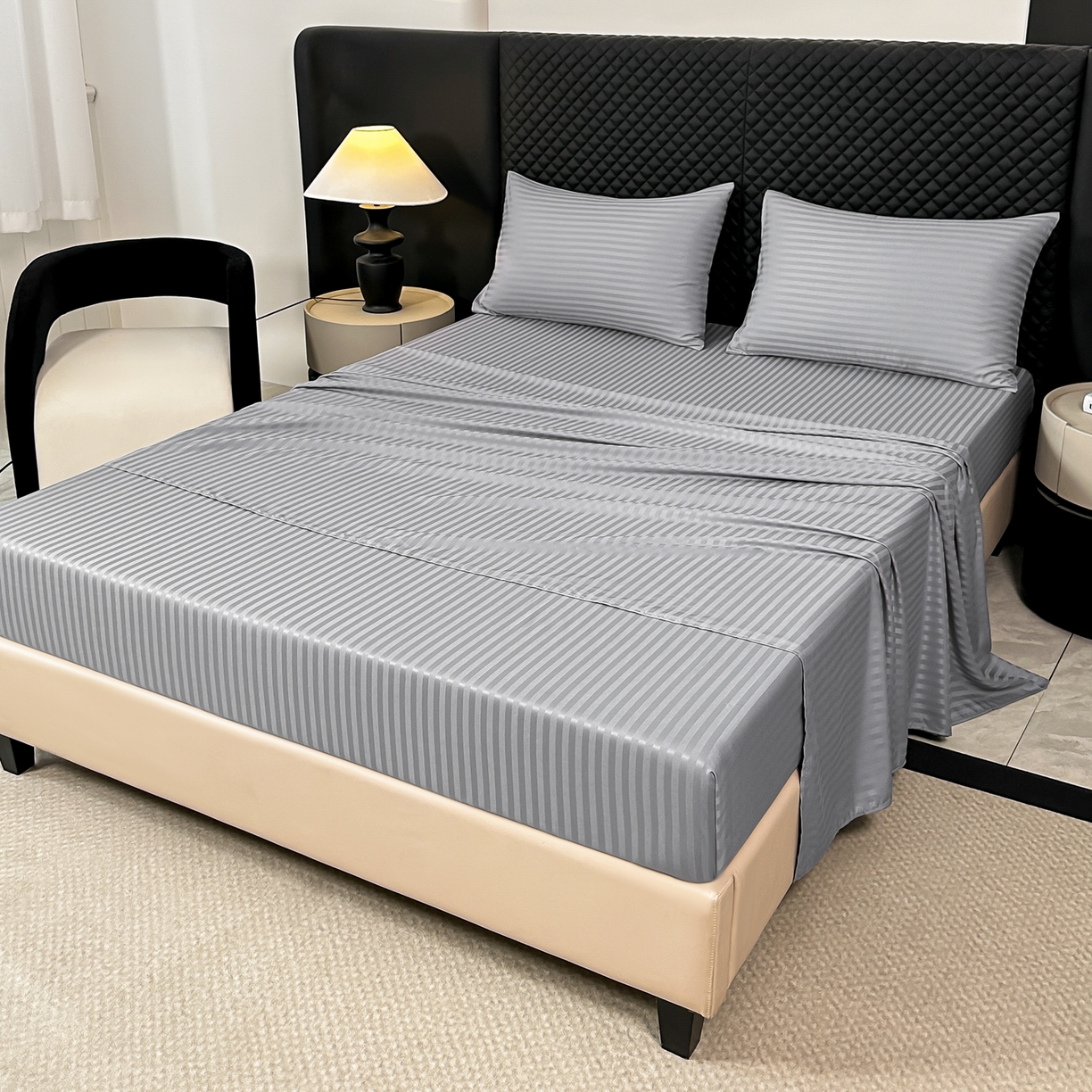 91家纺网 家纺一手货源 找家纺 安力森/诚臻酒店用品 2025新款酒店布草床单高支高密缎条款床笠三件套月子中心养老院机构专用床品 浅灰色