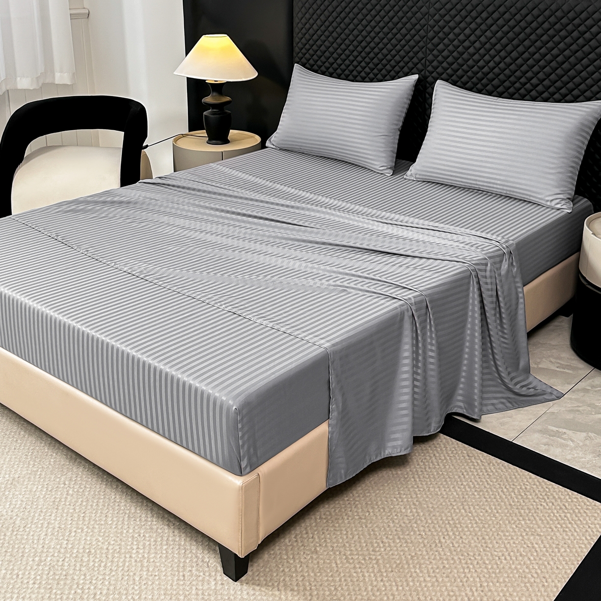 91家纺网 家纺一手货源 找家纺 安力森/诚臻酒店用品 2025新款酒店布草床单高支高密缎条款床笠三件套月子中心养老院机构专用床品 浅灰色