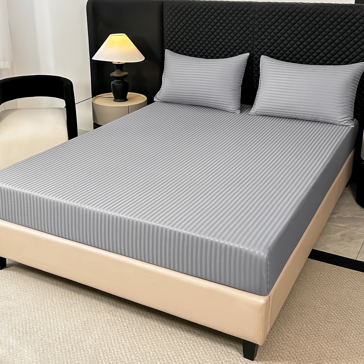 91家纺网 家纺一手货源 找家纺 安力森/诚臻酒店用品 2025新款酒店布草床单高支高密缎条款床笠三件套月子中心养老院机构专用床品 浅灰色