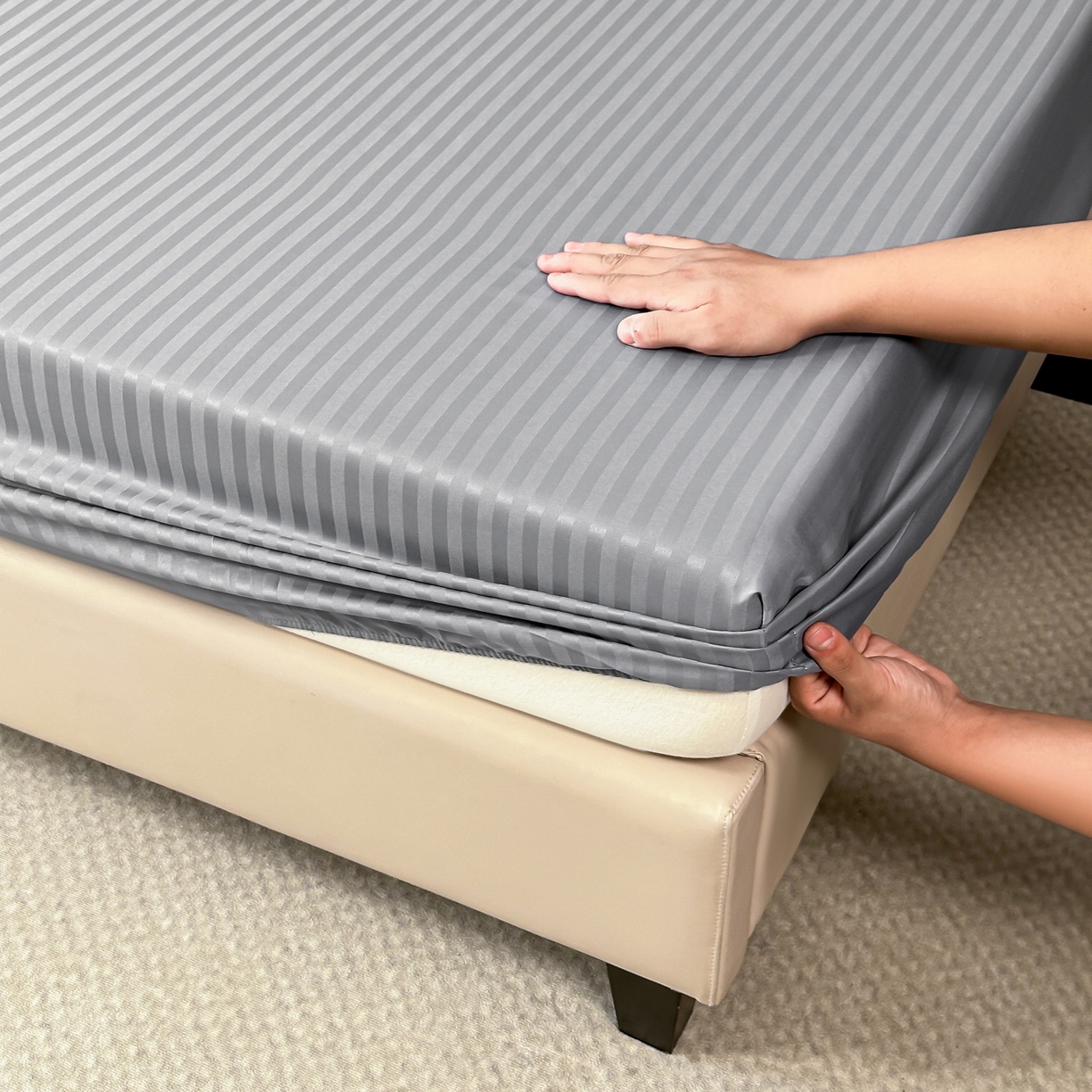 91家纺网 家纺一手货源 找家纺 安力森/诚臻酒店用品 2025新款酒店布草床单高支高密缎条款床笠三件套月子中心养老院机构专用床品 浅灰色