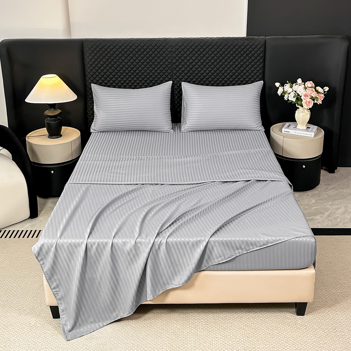 91家纺网 家纺一手货源 找家纺 安力森/诚臻酒店用品 2025新款酒店布草床单高支高密缎条款床笠三件套月子中心养老院机构专用床品 浅灰色