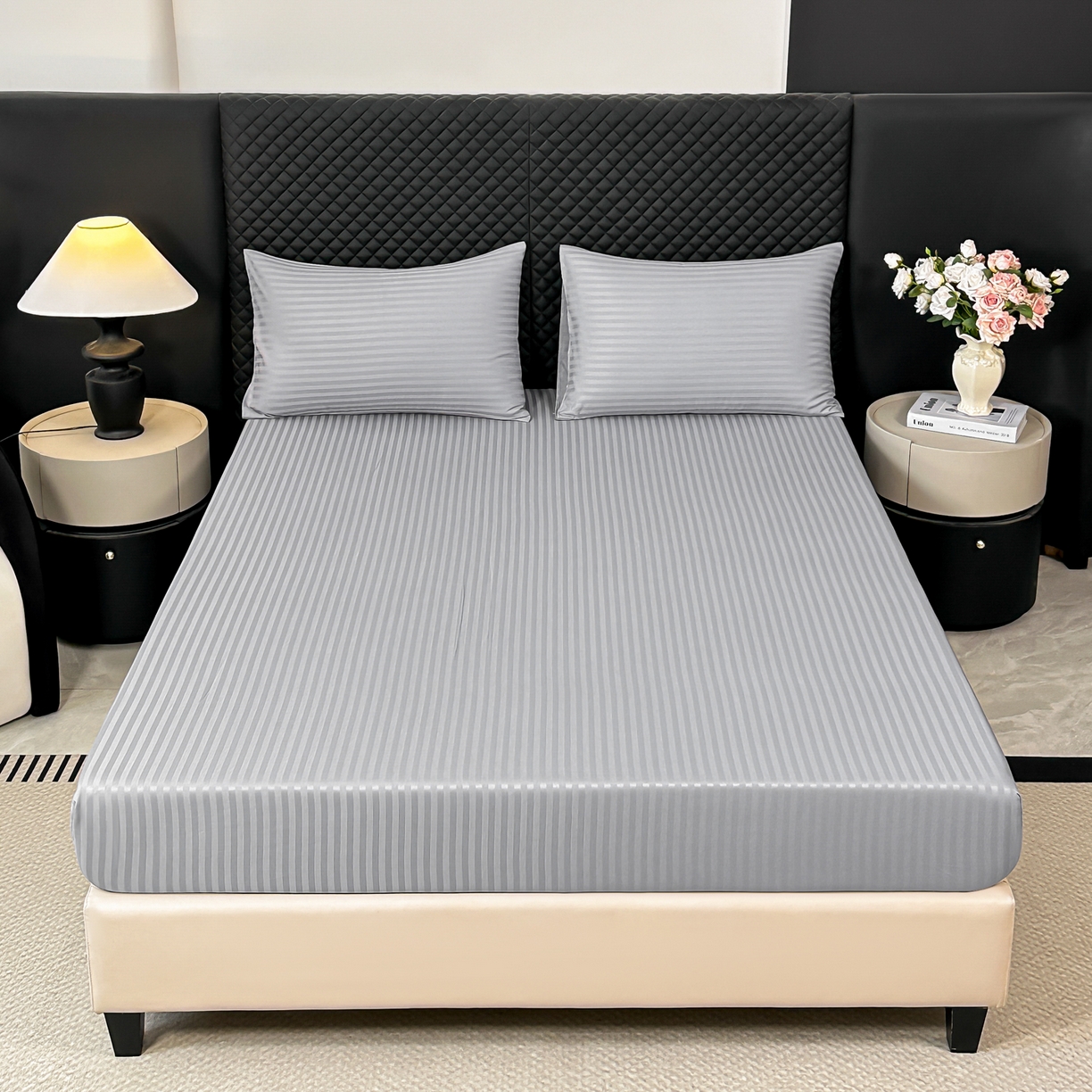 91家纺网 家纺一手货源 找家纺 安力森/诚臻酒店用品 2025新款酒店布草床单高支高密缎条款床笠三件套月子中心养老院机构专用床品 浅灰色