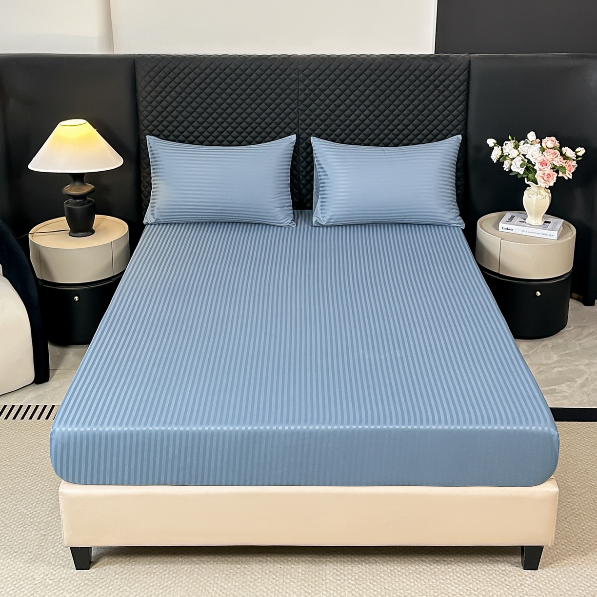 91家纺网 家纺一手货源 找家纺 安力森/诚臻酒店用品 2025新款酒店布草床单高支高密缎条款床笠三件套月子中心养老院机构专用床品 雾霾蓝