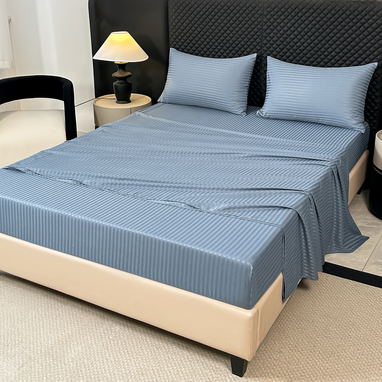 91家纺网 家纺一手货源 找家纺 安力森/诚臻酒店用品 2025新款酒店布草床单高支高密缎条款床笠三件套月子中心养老院机构专用床品 雾霾蓝