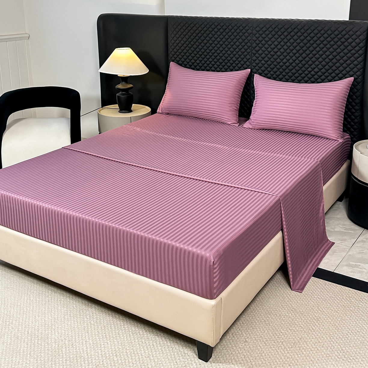 安力森/诚臻酒店用品 2025新款酒店布草床单高支高密缎条款床笠三件套月子中心养老院机构专用床品 香芋紫