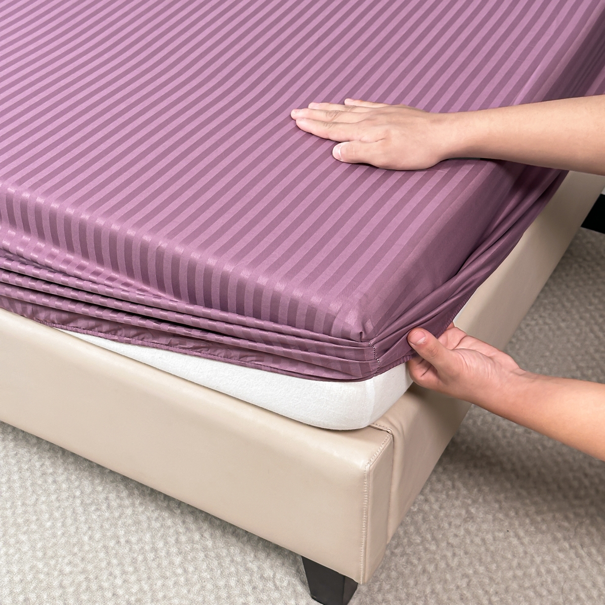 91家纺网 家纺一手货源 找家纺 安力森/诚臻酒店用品 2025新款酒店布草床单高支高密缎条款床笠三件套月子中心养老院机构专用床品 香芋紫