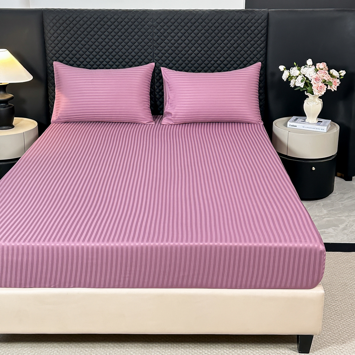 91家纺网 家纺一手货源 找家纺 安力森/诚臻酒店用品 2025新款酒店布草床单高支高密缎条款床笠三件套月子中心养老院机构专用床品 香芋紫