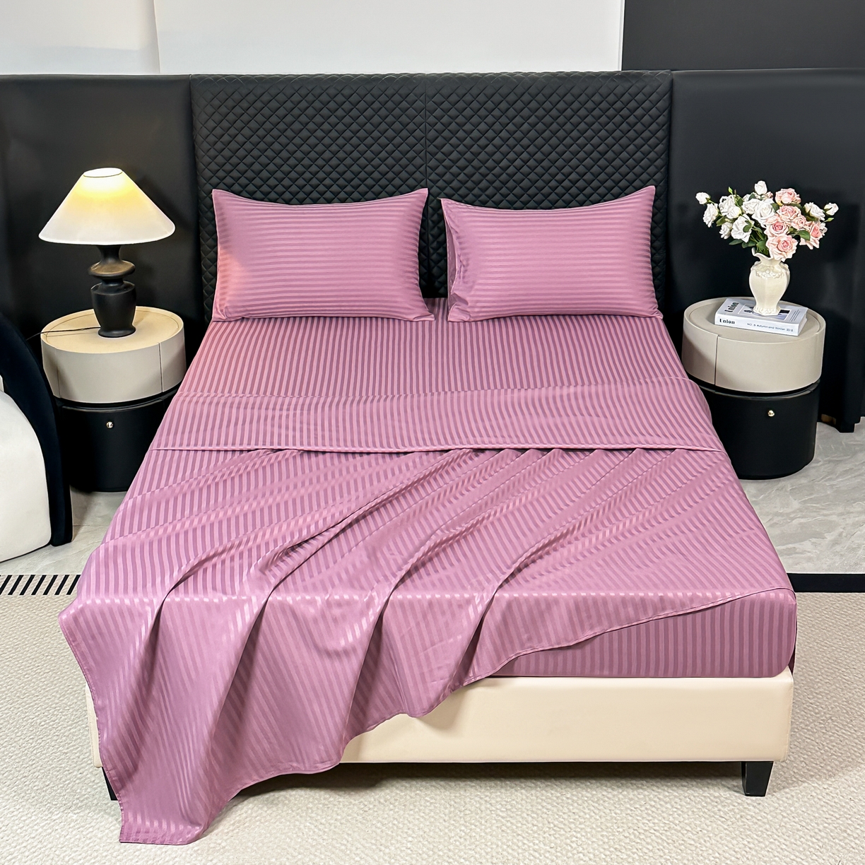 91家纺网 家纺一手货源 找家纺 安力森/诚臻酒店用品 2025新款酒店布草床单高支高密缎条款床笠三件套月子中心养老院机构专用床品 香芋紫