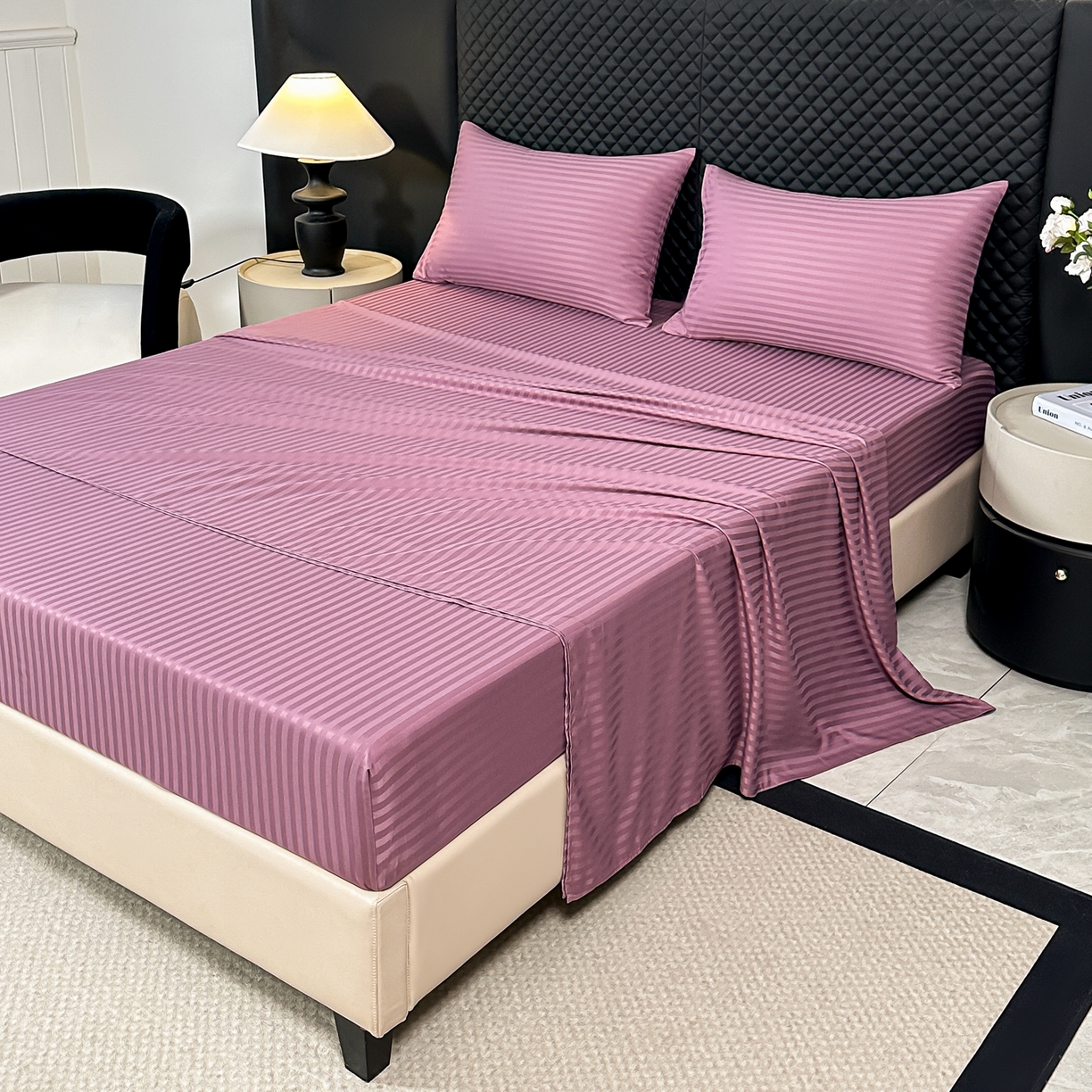 91家纺网 家纺一手货源 找家纺 安力森/诚臻酒店用品 2025新款酒店布草床单高支高密缎条款床笠三件套月子中心养老院机构专用床品 香芋紫