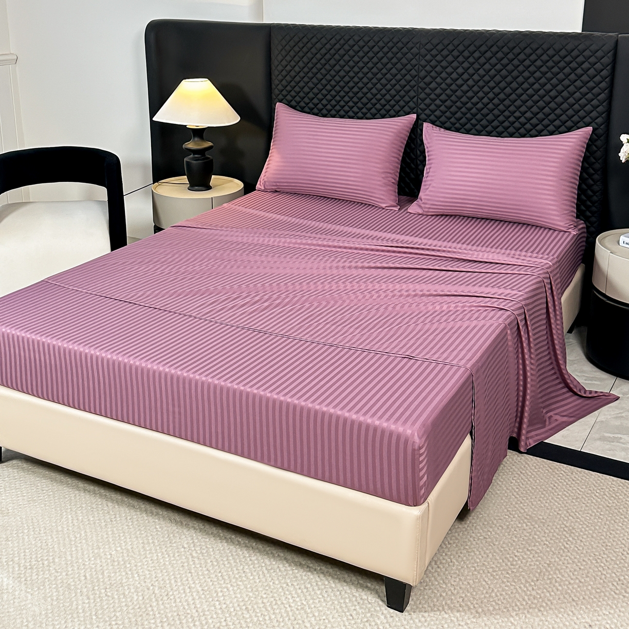 91家纺网 家纺一手货源 找家纺 安力森/诚臻酒店用品 2025新款酒店布草床单高支高密缎条款床笠三件套月子中心养老院机构专用床品 香芋紫