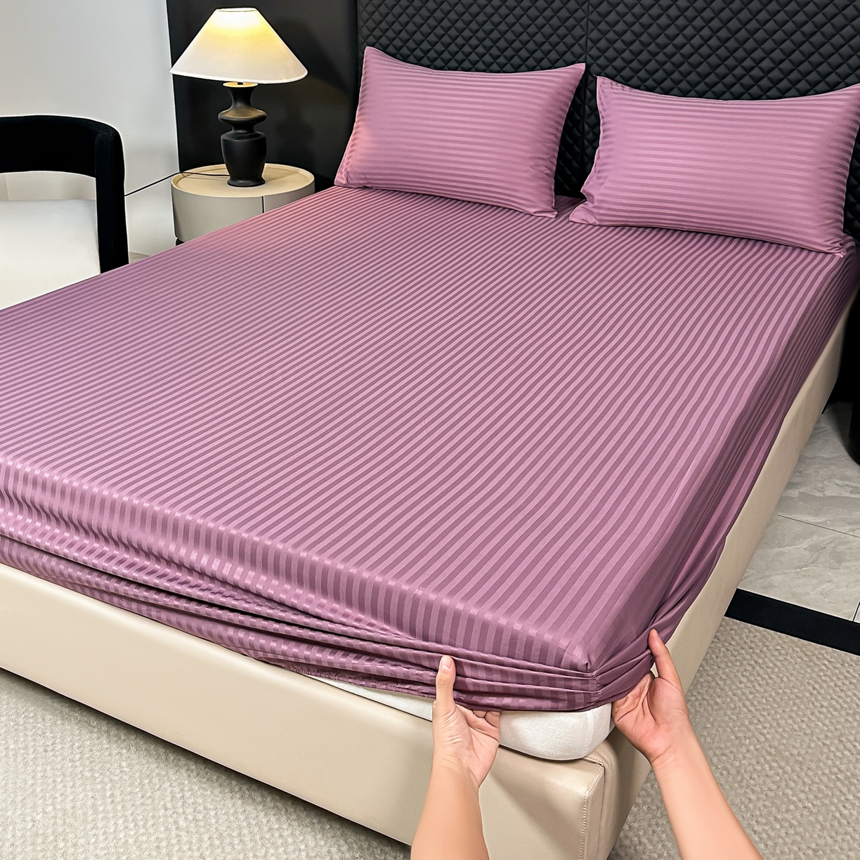 91家纺网 家纺一手货源 找家纺 安力森/诚臻酒店用品 2025新款酒店布草床单高支高密缎条款床笠三件套月子中心养老院机构专用床品 香芋紫