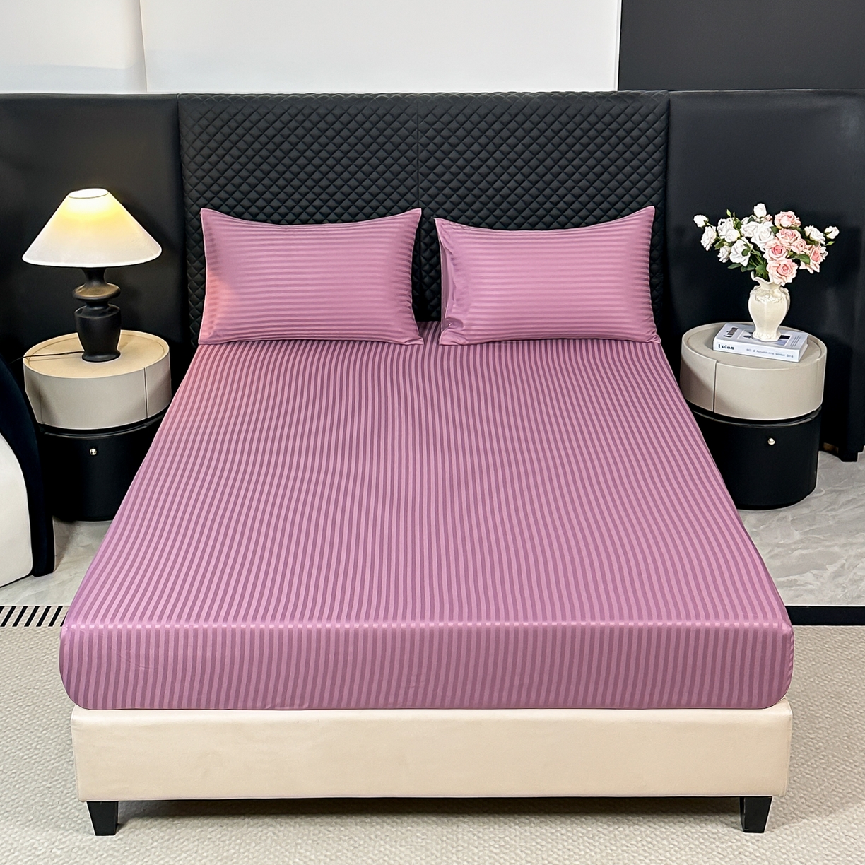 91家纺网 家纺一手货源 找家纺 安力森/诚臻酒店用品 2025新款酒店布草床单高支高密缎条款床笠三件套月子中心养老院机构专用床品 香芋紫