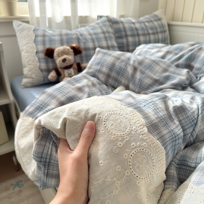 91家纺网 家纺一手货源 找家纺 上尚居 2025新款高克重法式复古无印风亚麻原麻四件套 格韵-蓝