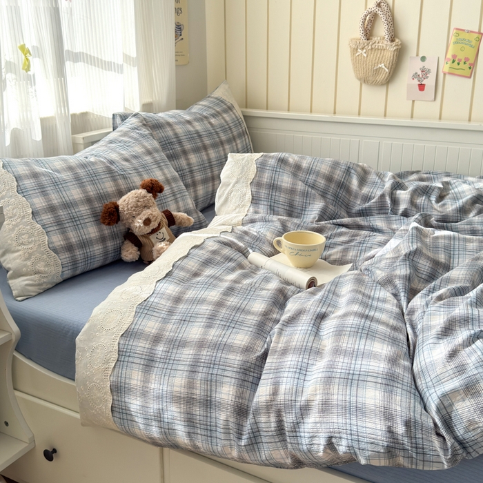 91家纺网 家纺一手货源 找家纺 上尚居 2025新款高克重法式复古无印风亚麻原麻四件套 格韵-蓝