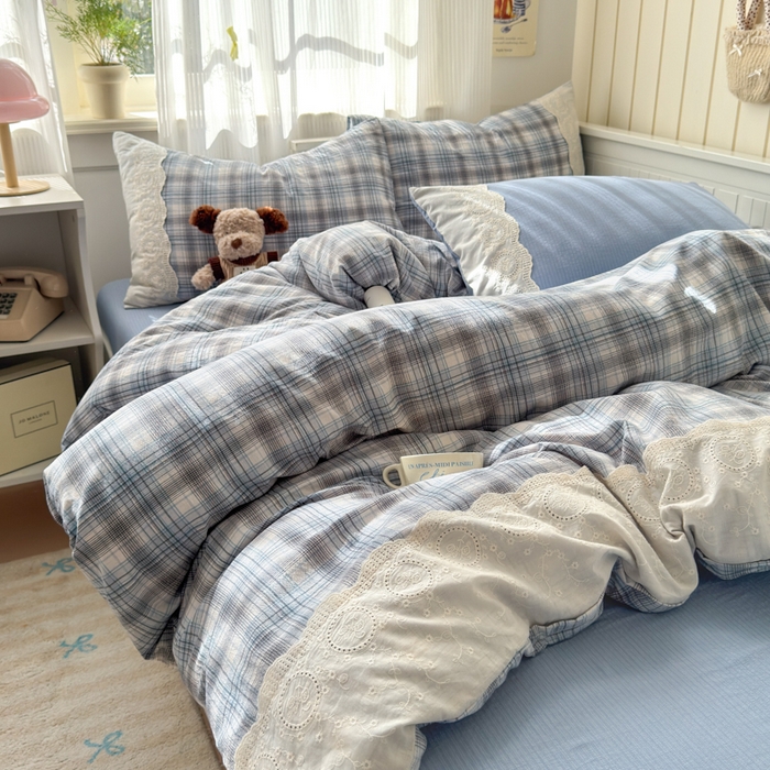 91家纺网 家纺一手货源 找家纺 上尚居 2025新款高克重法式复古无印风亚麻原麻四件套 格韵-蓝