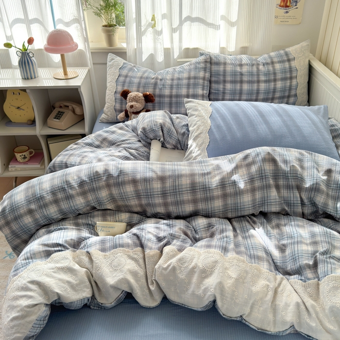 91家纺网 家纺一手货源 找家纺 上尚居 2025新款高克重法式复古无印风亚麻原麻四件套 格韵-蓝