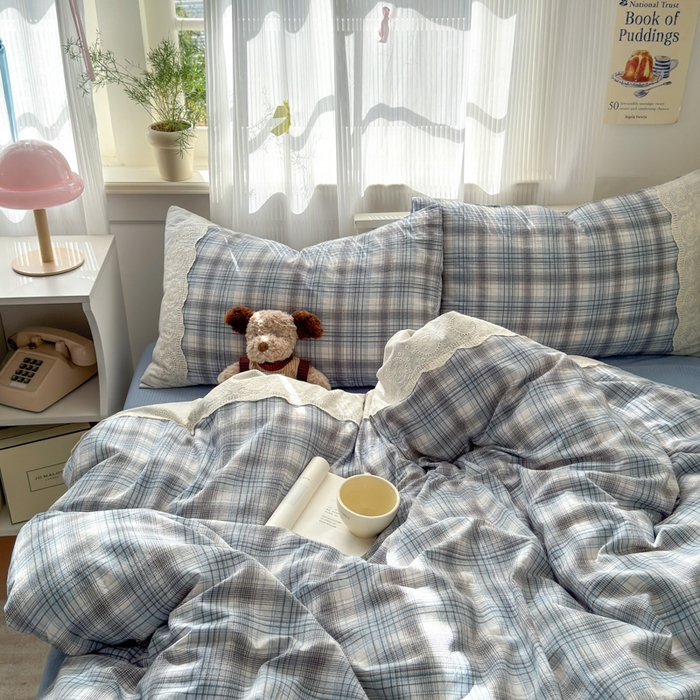 91家纺网 家纺一手货源 找家纺 上尚居 2025新款高克重法式复古无印风亚麻原麻四件套 格韵-蓝