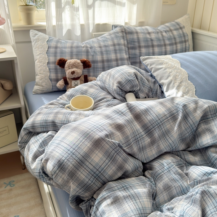 91家纺网 家纺一手货源 找家纺 上尚居 2025新款高克重法式复古无印风亚麻原麻四件套 格韵-蓝