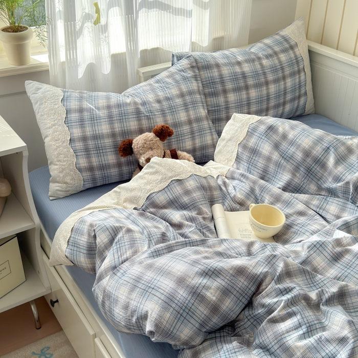 91家纺网 家纺一手货源 找家纺 上尚居 2025新款高克重法式复古无印风亚麻原麻四件套 格韵-蓝