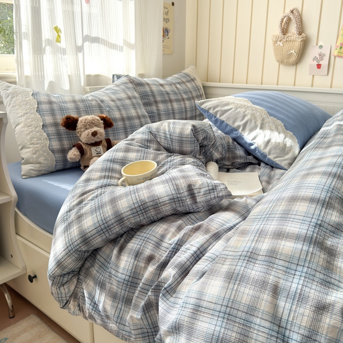 91家纺网 家纺一手货源 找家纺 上尚居 2025新款高克重法式复古无印风亚麻原麻四件套 格韵-蓝