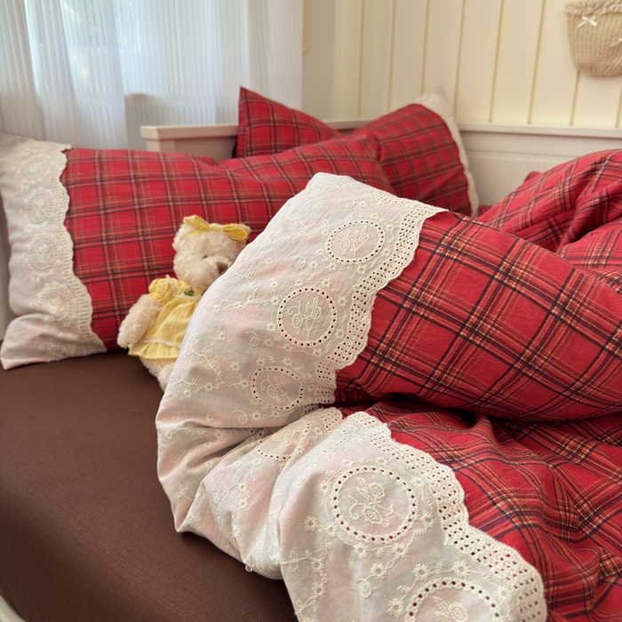 91家纺网 家纺一手货源 找家纺 上尚居 2025新款高克重法式复古无印风亚麻原麻四件套 格韵-红