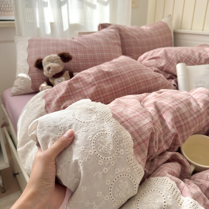 91家纺网 家纺一手货源 找家纺 上尚居 2025新款高克重法式复古无印风亚麻原麻四件套 格韵-粉