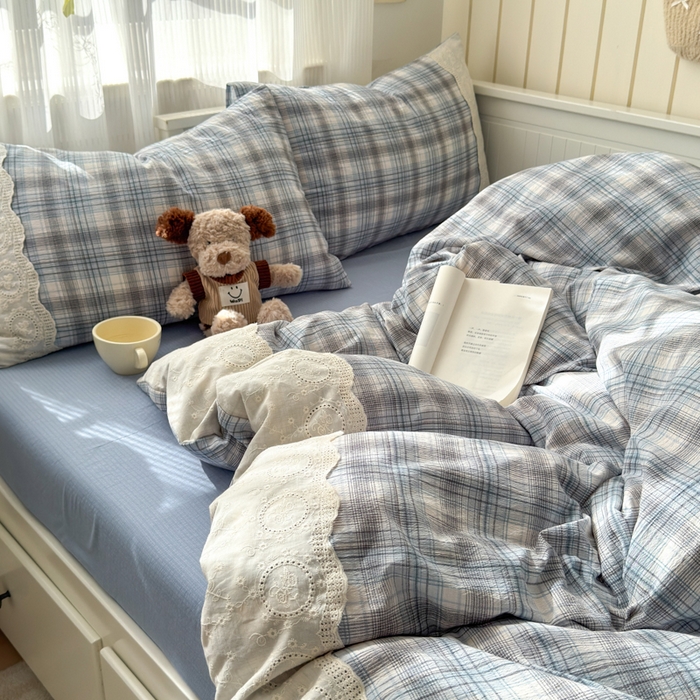 91家纺网 家纺一手货源 找家纺 上尚居 2025新款高克重法式复古无印风亚麻原麻四件套 格韵-蓝