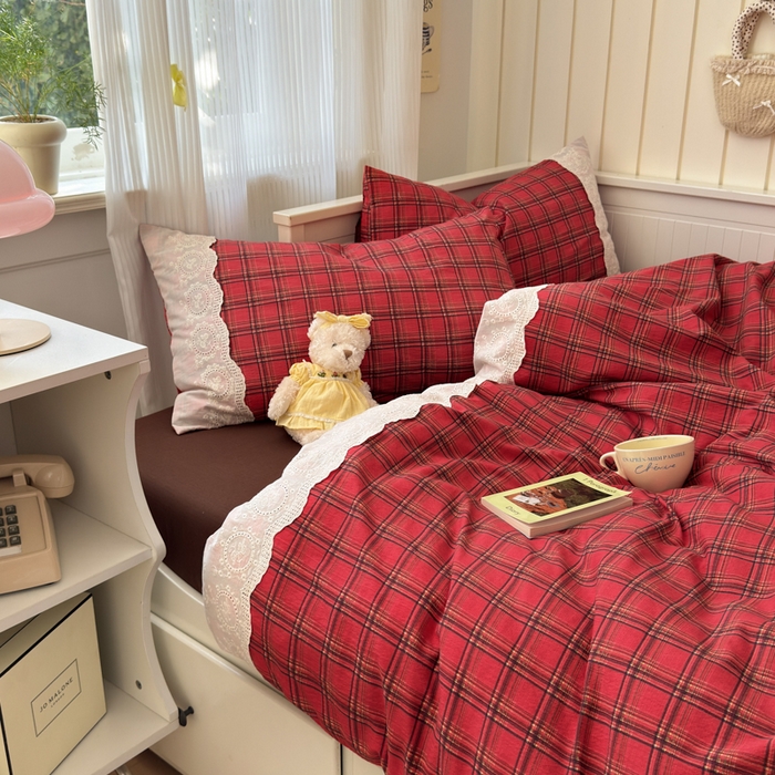 91家纺网 家纺一手货源 找家纺 上尚居 2025新款高克重法式复古无印风亚麻原麻四件套 格韵-红