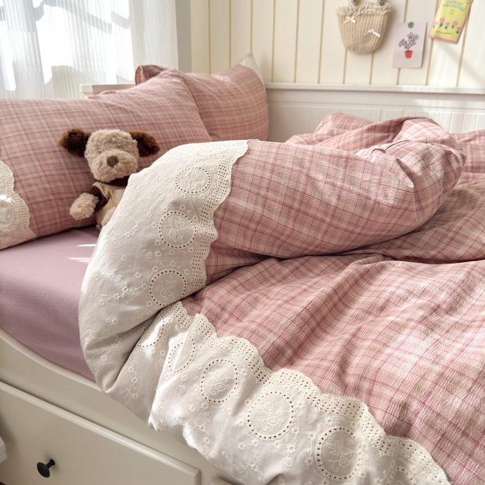 91家纺网 家纺一手货源 找家纺 上尚居 2025新款高克重法式复古无印风亚麻原麻四件套 格韵-粉