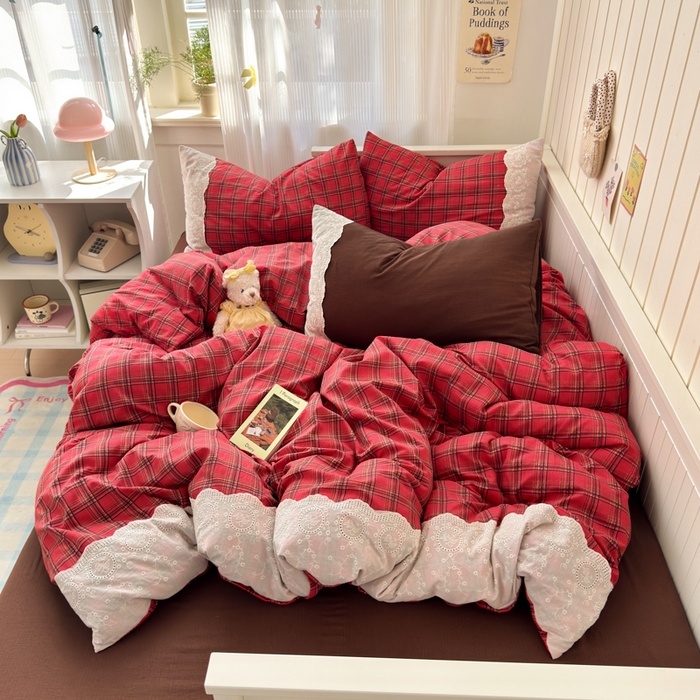 91家纺网 家纺一手货源 找家纺 上尚居 2025新款高克重法式复古无印风亚麻原麻四件套 格韵-红