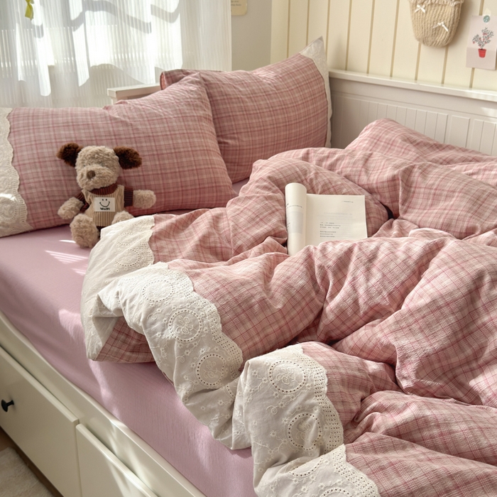 91家纺网 家纺一手货源 找家纺 上尚居 2025新款高克重法式复古无印风亚麻原麻四件套 格韵-粉