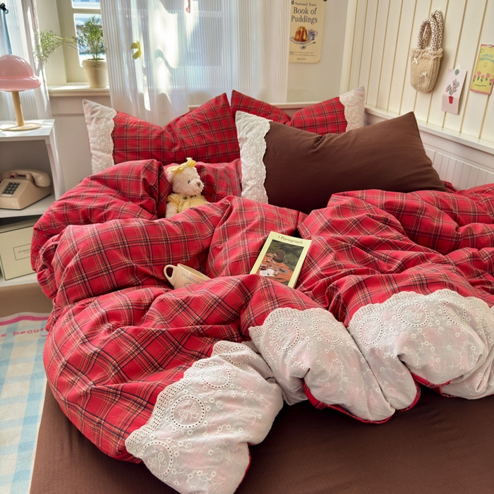 91家纺网 家纺一手货源 找家纺 上尚居 2025新款高克重法式复古无印风亚麻原麻四件套 格韵-红