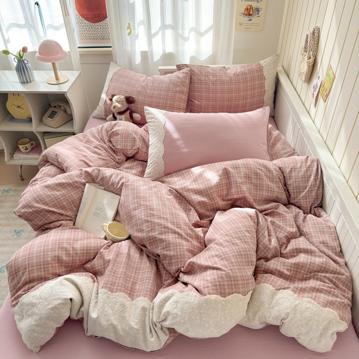 91家纺网 家纺一手货源 找家纺 上尚居 2025新款高克重法式复古无印风亚麻原麻四件套 格韵-粉