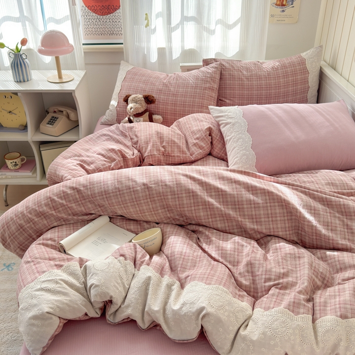 91家纺网 家纺一手货源 找家纺 上尚居 2025新款高克重法式复古无印风亚麻原麻四件套 格韵-粉