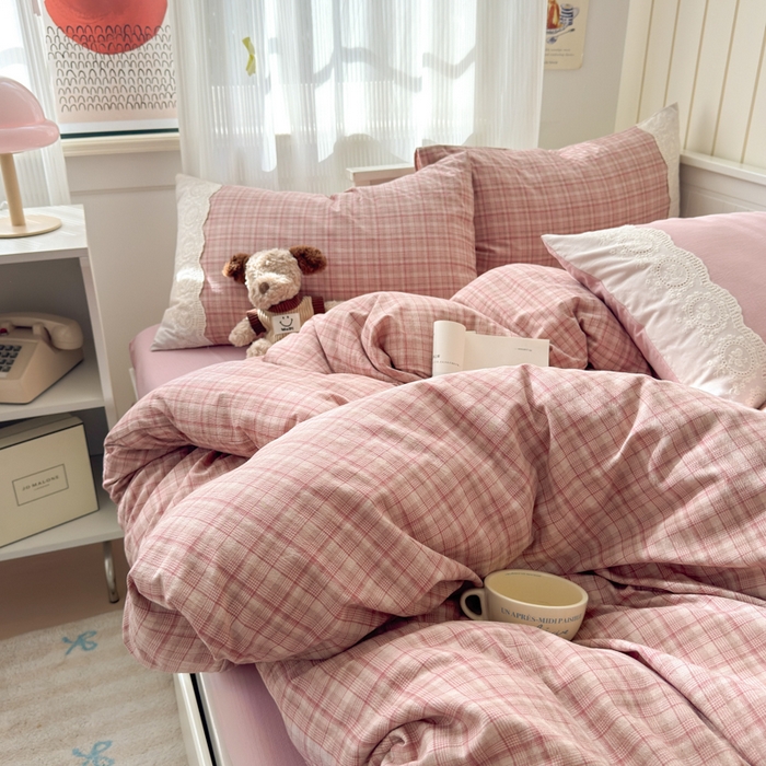 91家纺网 家纺一手货源 找家纺 上尚居 2025新款高克重法式复古无印风亚麻原麻四件套 格韵-粉