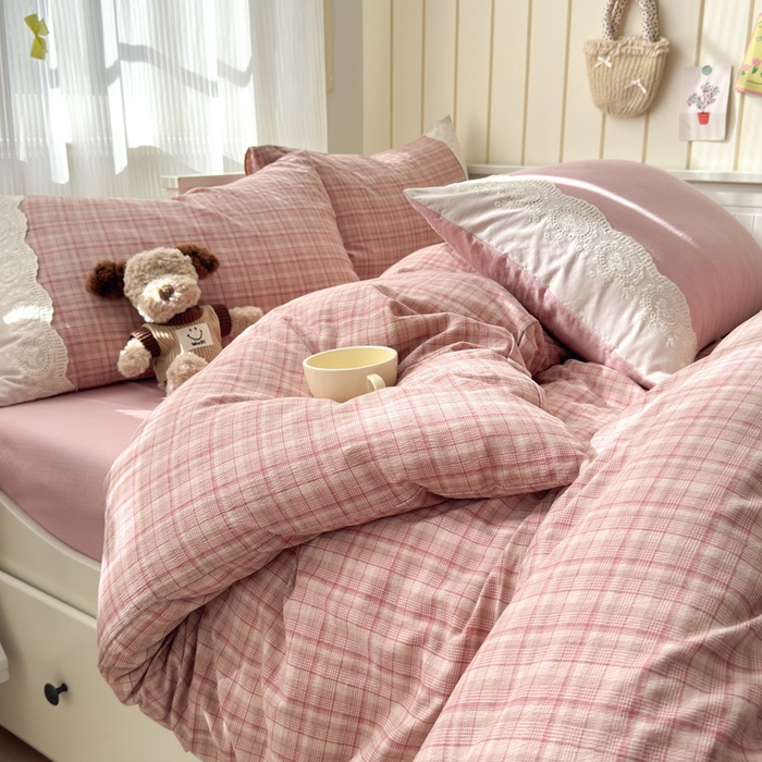 91家纺网 家纺一手货源 找家纺 上尚居 2025新款高克重法式复古无印风亚麻原麻四件套 格韵-粉