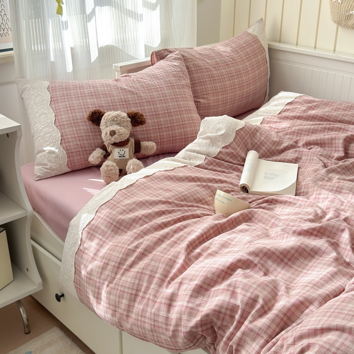 91家纺网 家纺一手货源 找家纺 上尚居 2025新款高克重法式复古无印风亚麻原麻四件套 格韵-粉