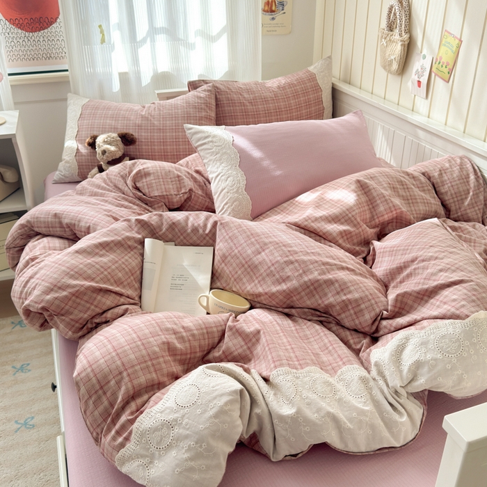 91家纺网 家纺一手货源 找家纺 上尚居 2025新款高克重法式复古无印风亚麻原麻四件套 格韵-粉