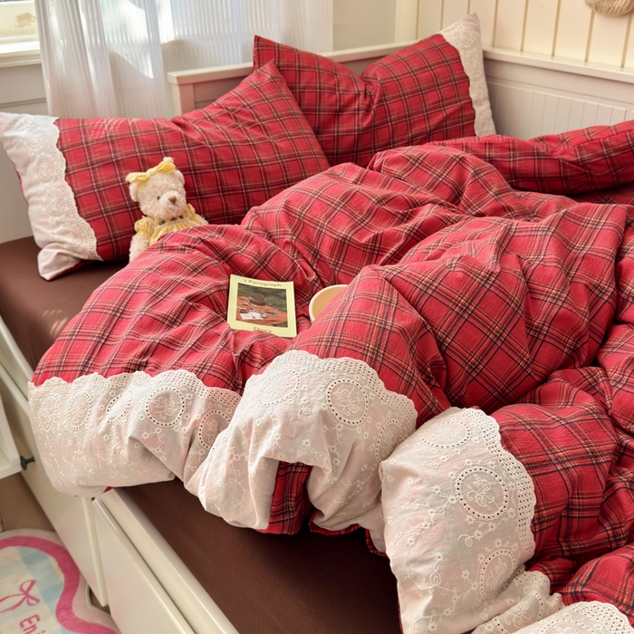 91家纺网 家纺一手货源 找家纺 上尚居 2025新款高克重法式复古无印风亚麻原麻四件套 格韵-红