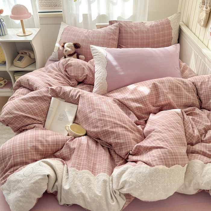 91家纺网 家纺一手货源 找家纺 上尚居 2025新款高克重法式复古无印风亚麻原麻四件套 格韵-粉