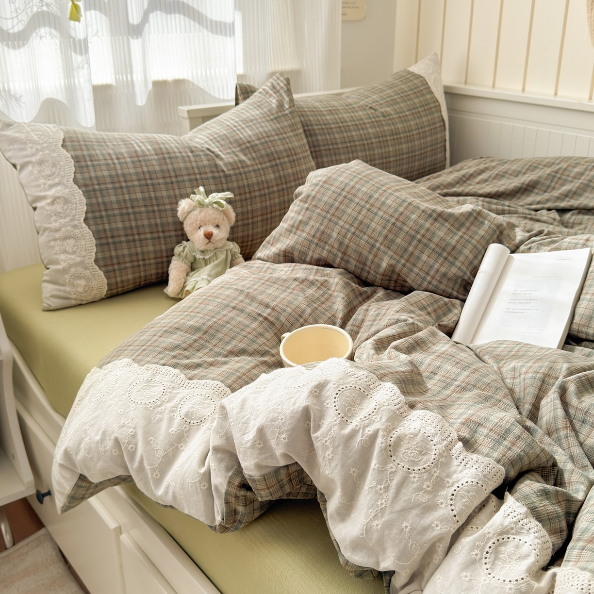 上尚居 2025新款高克重法式复古无印风亚麻原麻四件套 格韵-绿