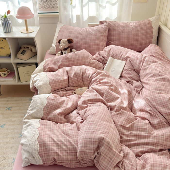 91家纺网 家纺一手货源 找家纺 上尚居 2025新款高克重法式复古无印风亚麻原麻四件套 格韵-粉