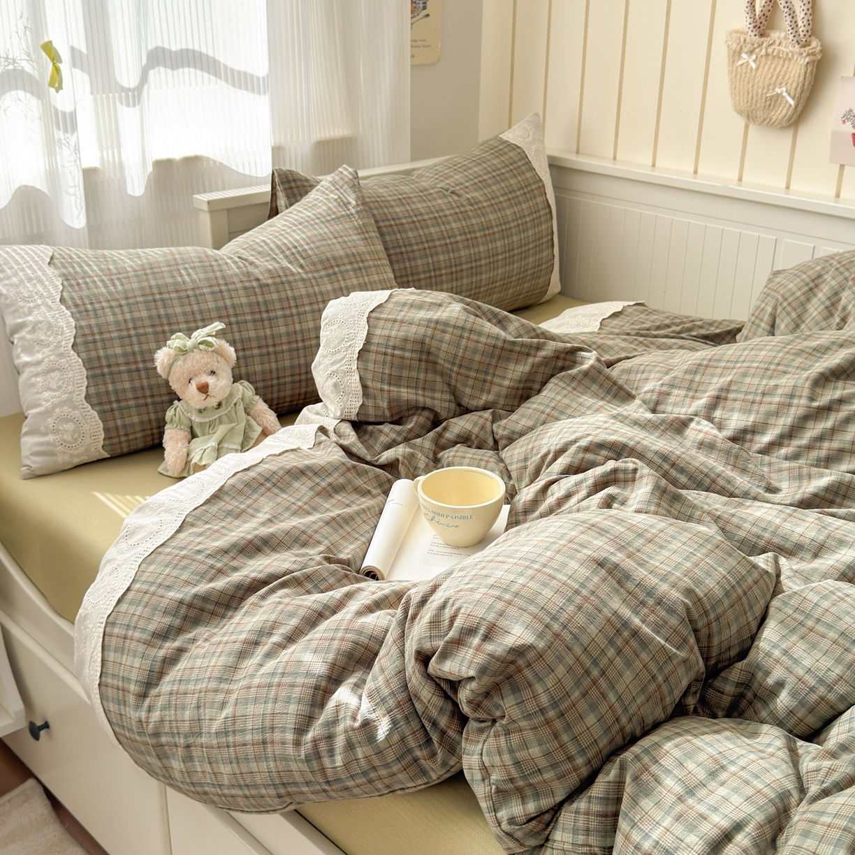 91家纺网 家纺一手货源 找家纺 上尚居 2025新款高克重法式复古无印风亚麻原麻四件套 格韵-绿