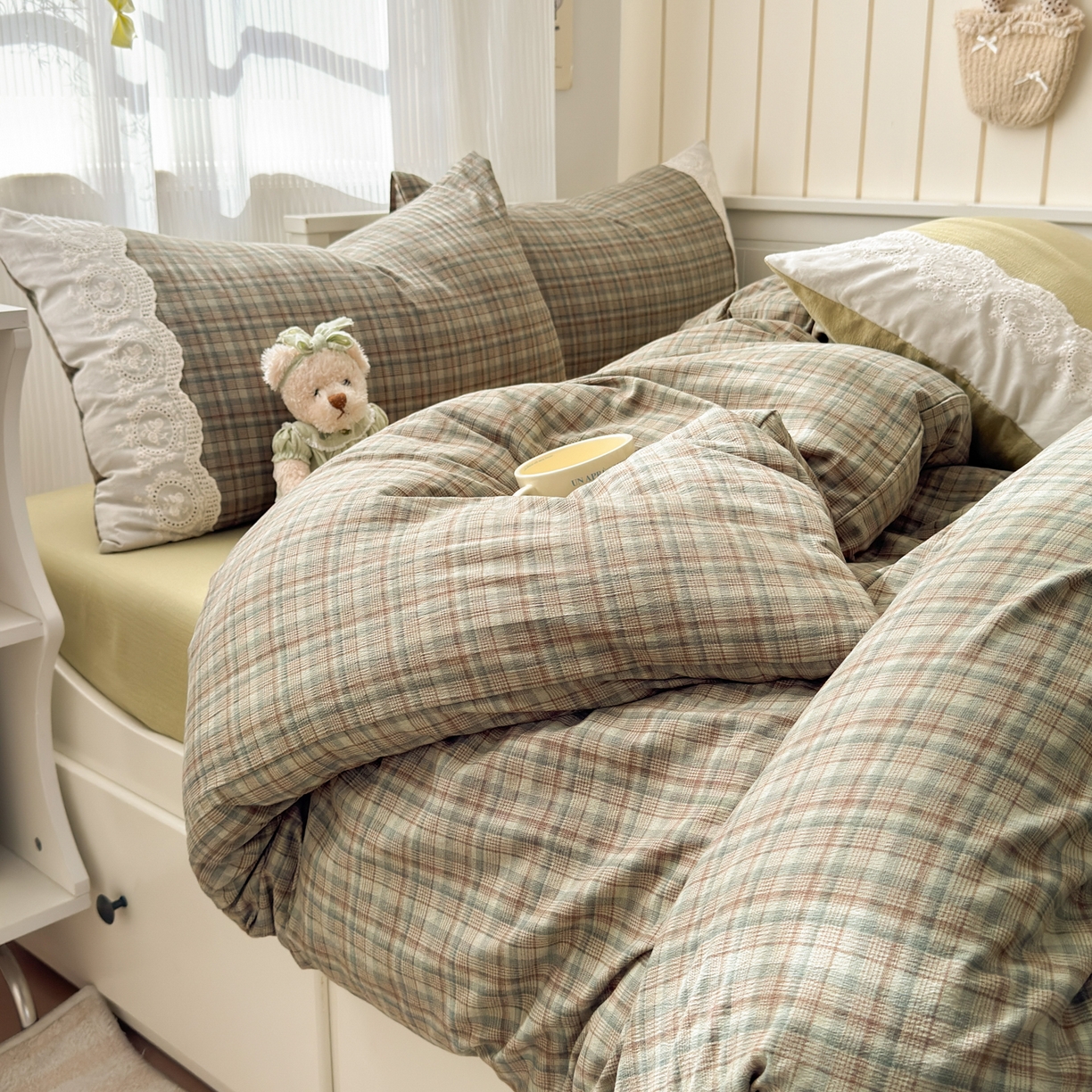 91家纺网 家纺一手货源 找家纺 上尚居 2025新款高克重法式复古无印风亚麻原麻四件套 格韵-绿