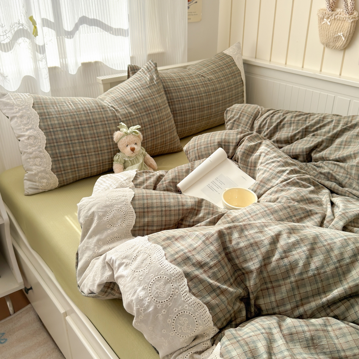 91家纺网 家纺一手货源 找家纺 上尚居 2025新款高克重法式复古无印风亚麻原麻四件套 格韵-绿