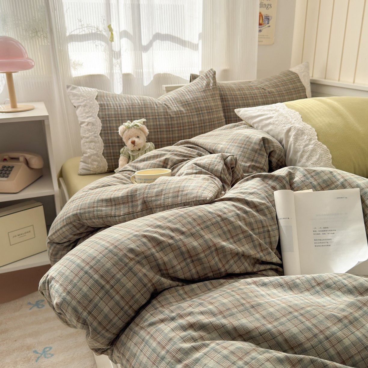 91家纺网 家纺一手货源 找家纺 上尚居 2025新款高克重法式复古无印风亚麻原麻四件套 格韵-绿