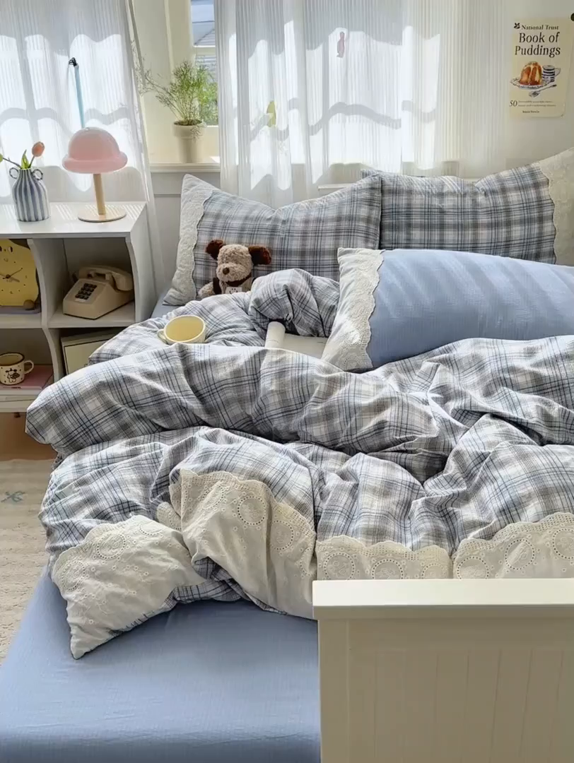 91家纺网 家纺一手货源 找家纺 上尚居 2025新款高克重法式复古无印风亚麻原麻四件套 格韵-蓝